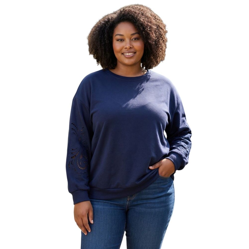 Elie Tahari Woman Sweatshirt Size 2X Navy Blue Laser Cut Sleeves Floral Relaxed - Picture 3 of 9
